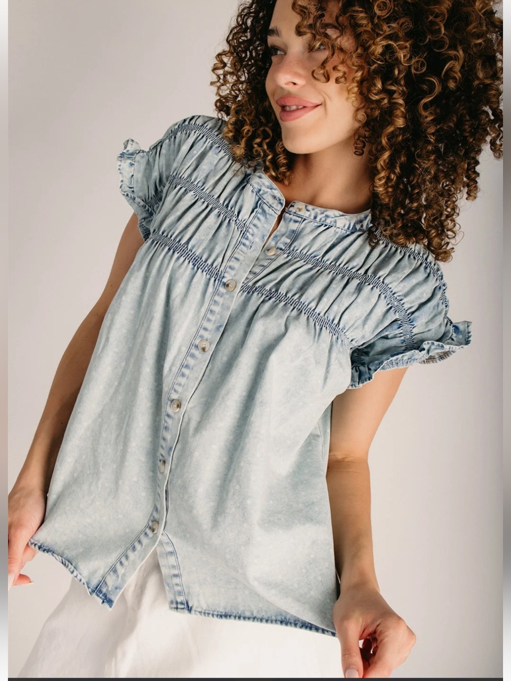 NEW Blue Chambray Smocked Short Sleeve Button Up Top Ruffle Tencel Feminine Fall